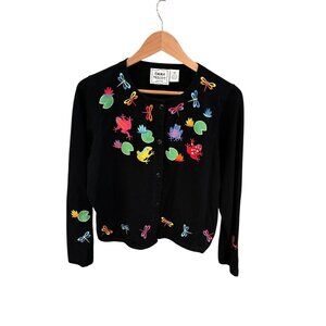 Emma Tricot Womens Black Cardigan Frog & Dragonfly Embroidery Size M 100% Cotton